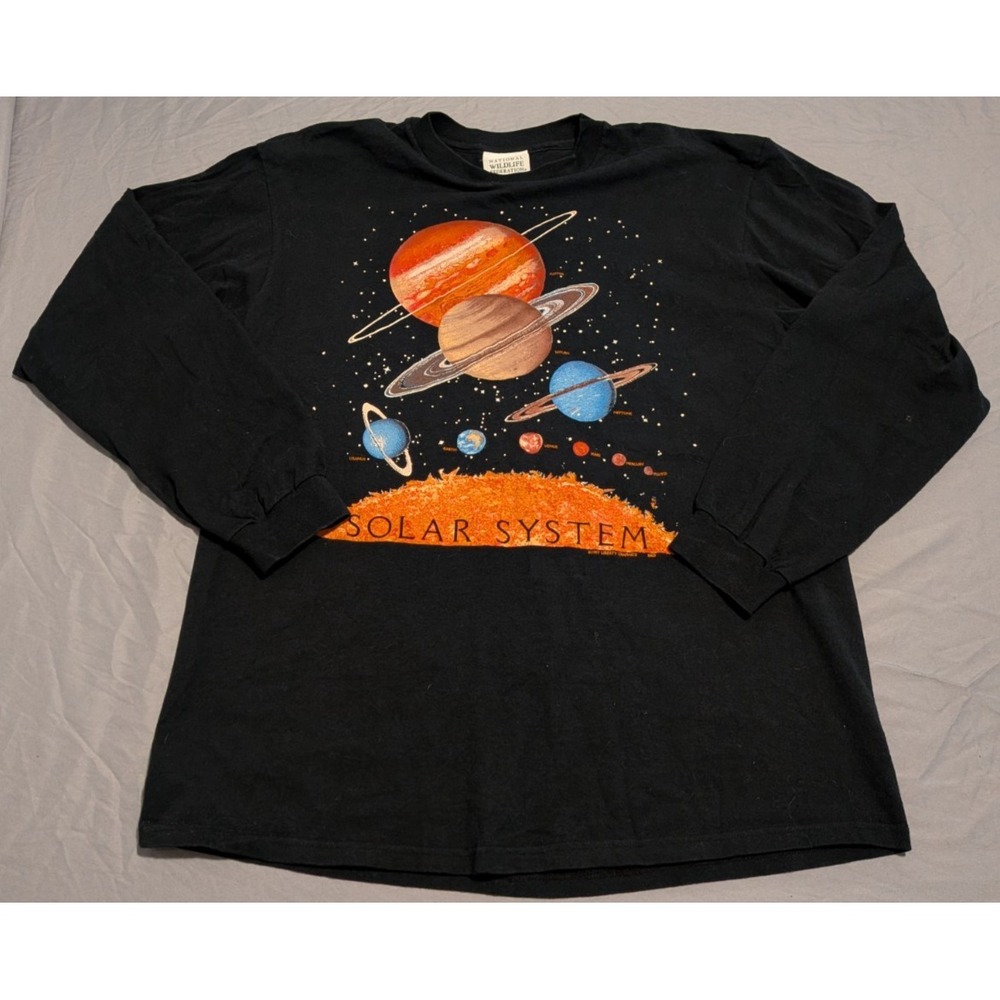 Vintage 90s Black Solar System Space Planets Graphic Long Sleeve Shirt Mens XL